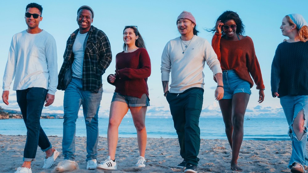 Un groupe d'hommes et de femmes de toutes origines marchent sur une plage en discutant et en riant, seule l'emmerdeuse à droite ne partage pas cette joie