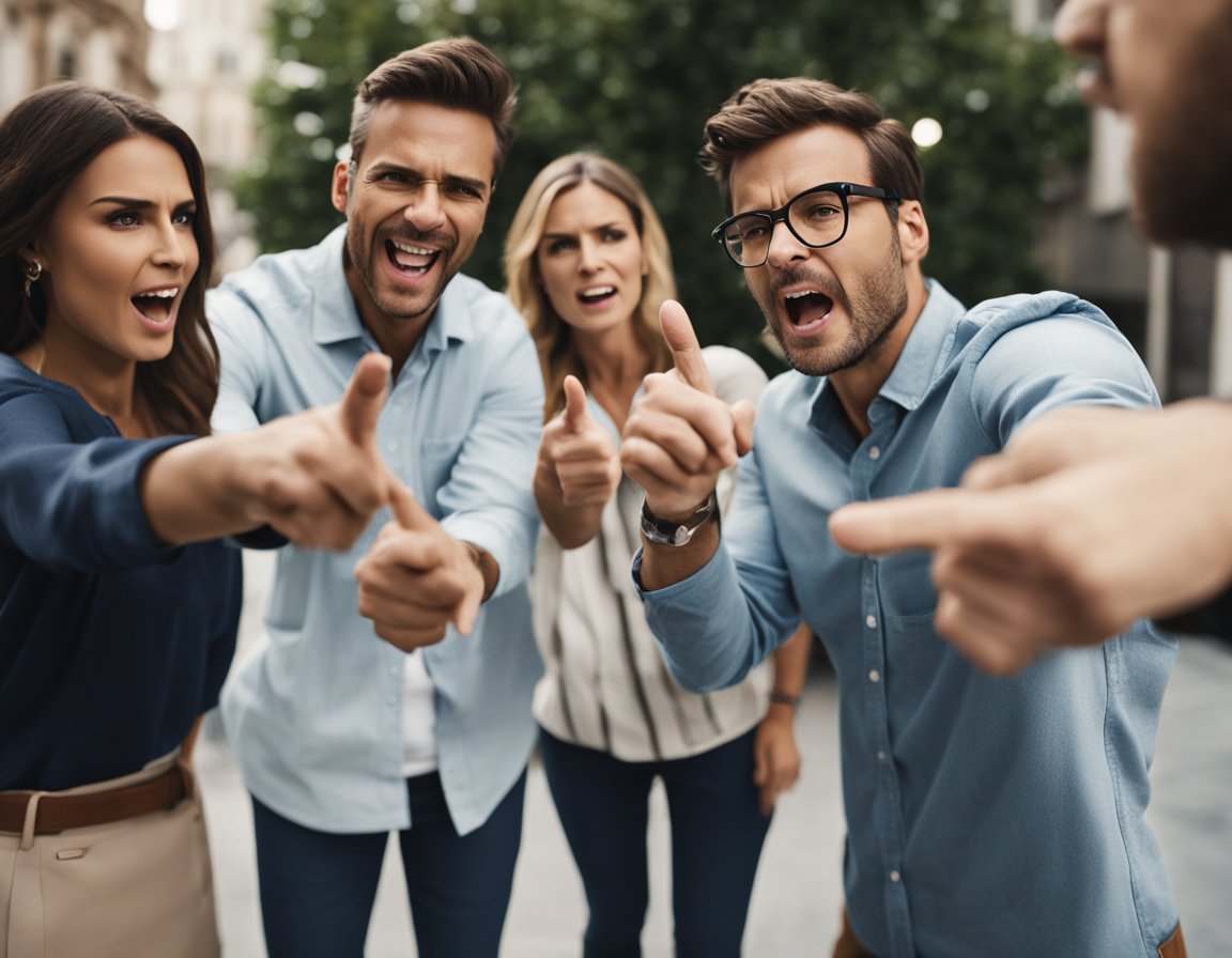 Un groupe d'hommes frustrés pointant et gesticulant vers un groupe de femmes avec des expressions exaspérées. Une illustration pour des femmes emerdeuses