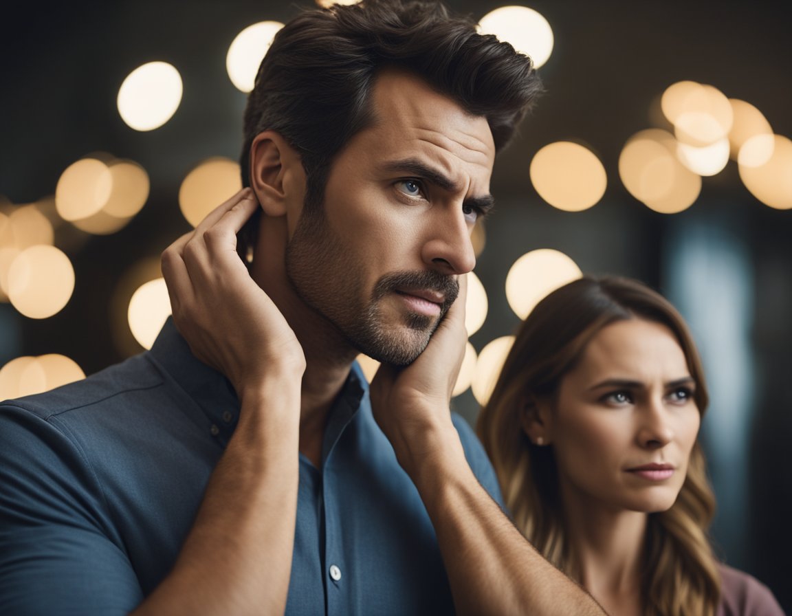 Un homme se grattant la tête de frustration tandis qu'une femme se tient les bras croisés, tous deux affichant des expressions d'irritation.