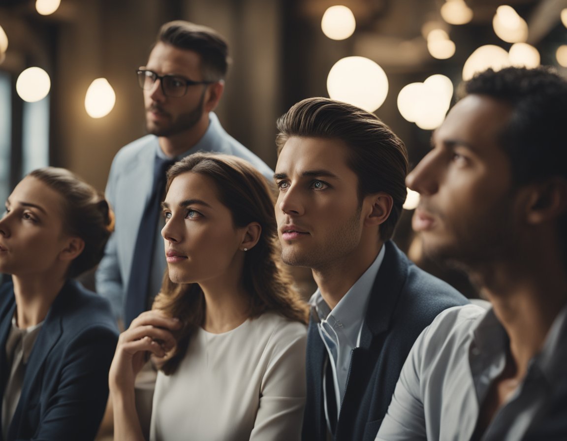 Un groupe d'hommes qui roulent des yeux et soupirent pendant qu'une femme parle.