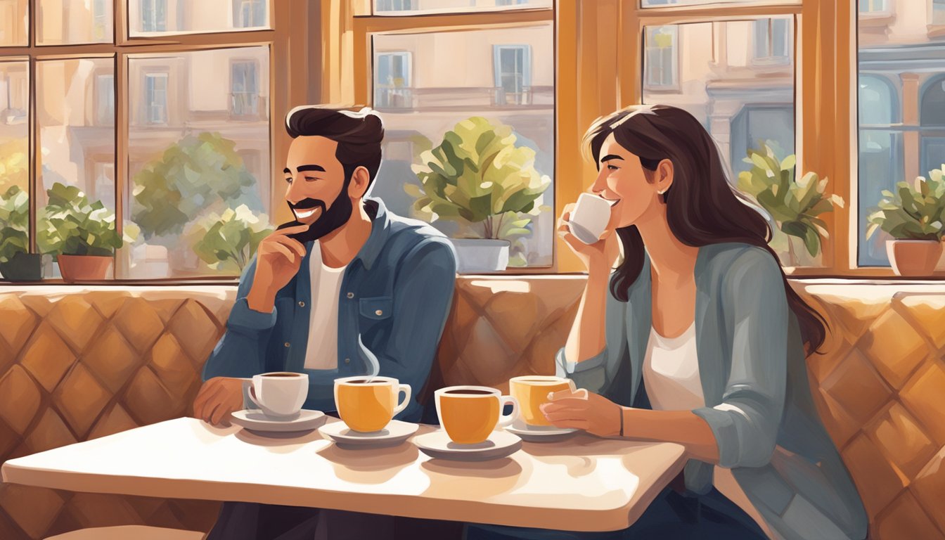 Deux personnes sont assises dans un café confortable, sirotant un café. Elles se penchent, absorbées par la conversation, le rire emplissant l'air. L'ambiance est chaleureuse et accueillante, avec un éclairage doux et une décoration charmante.