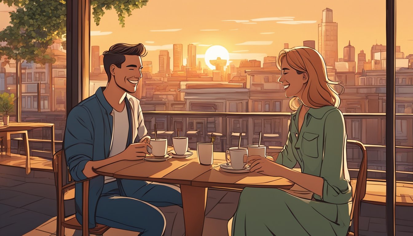 Un couple est assis dans un café, riant et discutant. La douce lueur du coucher de soleil baigne la scène alors qu'ils profitent de leur premier rendez-vous, entourés par la ville animée.