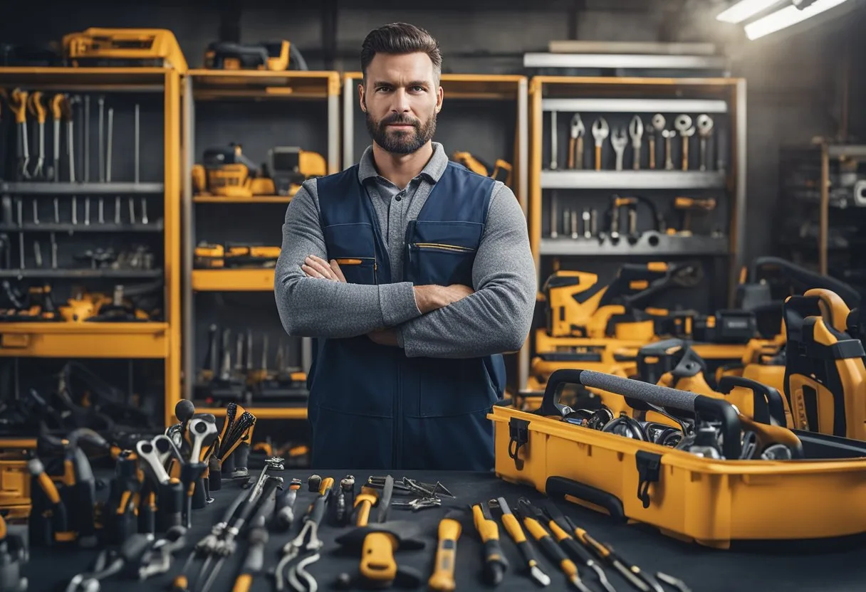 Un homme tenant une boîte à outils, se tenant devant une variété d'outils et d'équipements, avec une expression déterminée et confiante sur son visage.