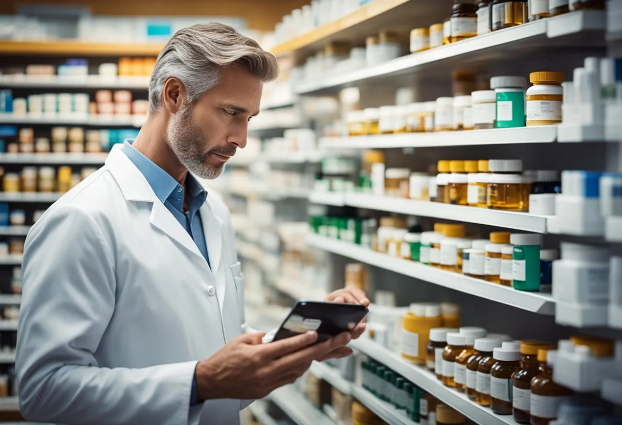 Un homme se tenant devant une étagère de pharmacie, regardant différents types de médicaments et de suppléments pour la dysfonction érectile.