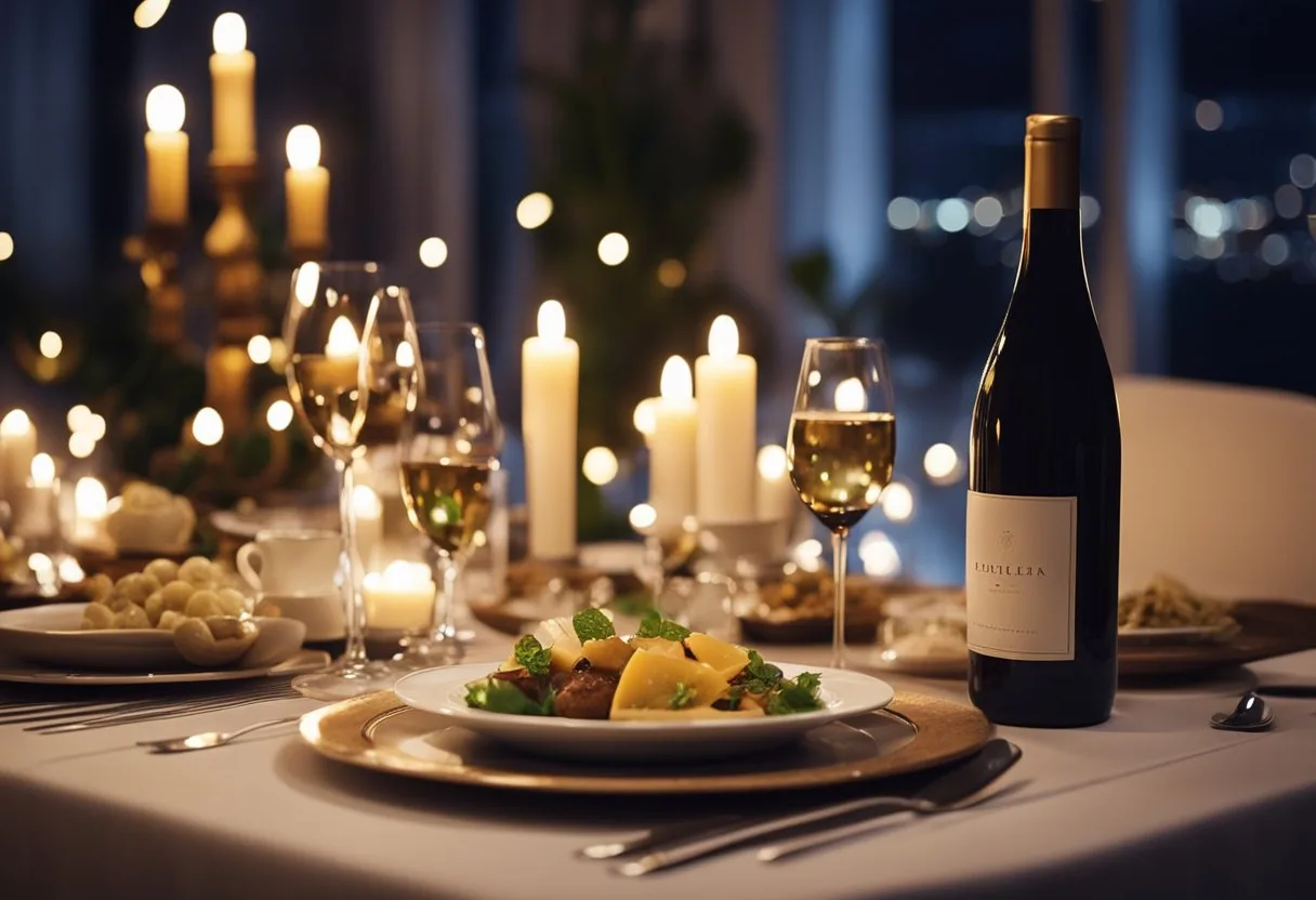 Un dîner romantique aux chandelles avec une table garnie de plats aphrodisiaques et une bouteille de vin, entouré de musique douce et d'un éclairage tamisé.