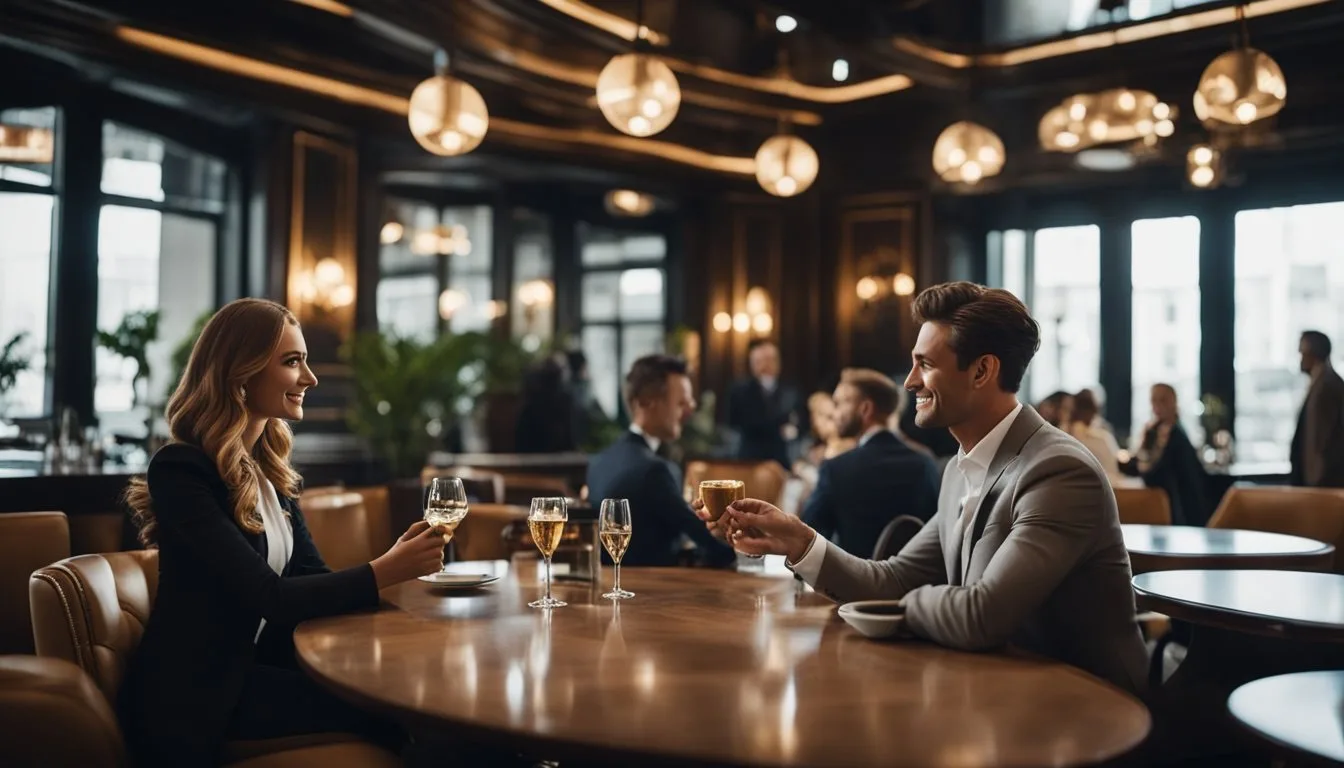 Un cadre de café luxueux avec un individu bien habillé rencontrant une personne plus jeune, élégamment vêtue. L'atmosphère dégage richesse et sophistication.