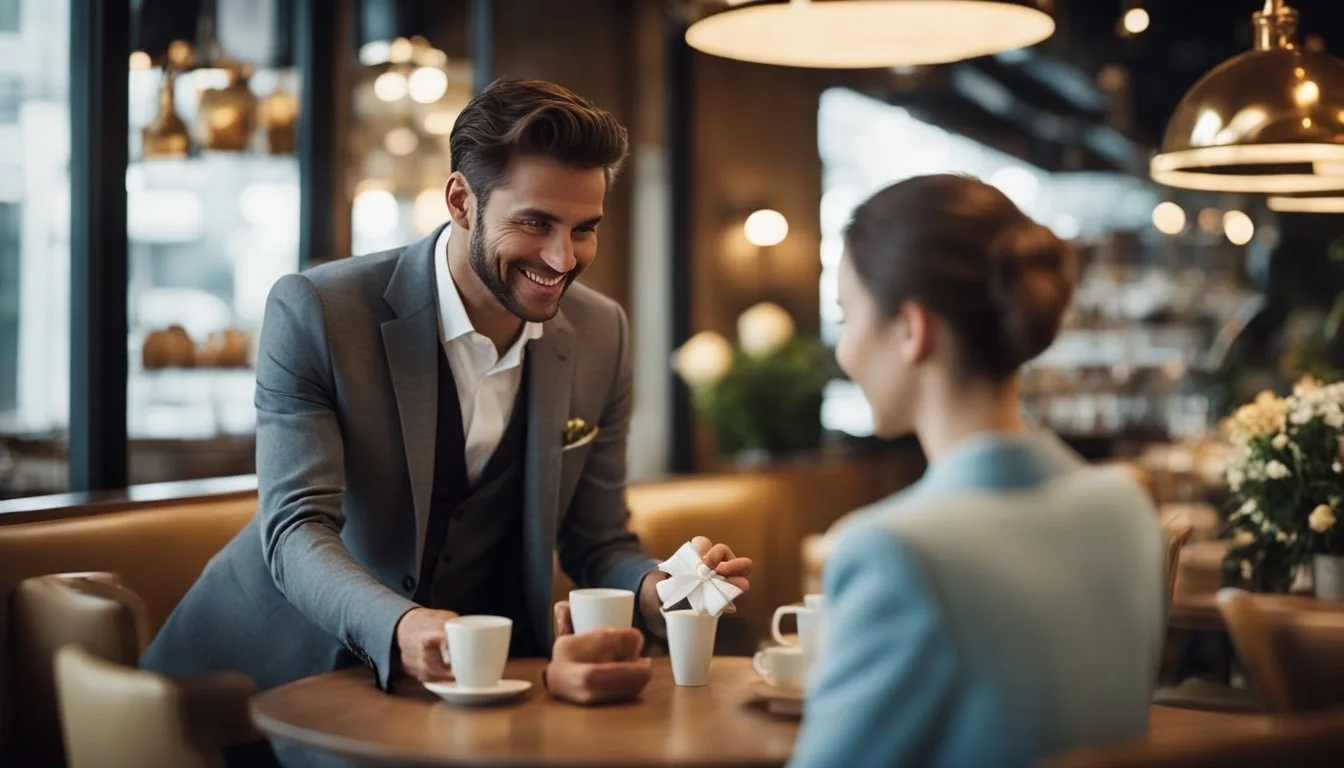 Un homme bien habillé s'approche d'une jeune femme avec un sourire chaleureux, lui offrant un petit cadeau pendant qu'ils discutent dans un café élégant.