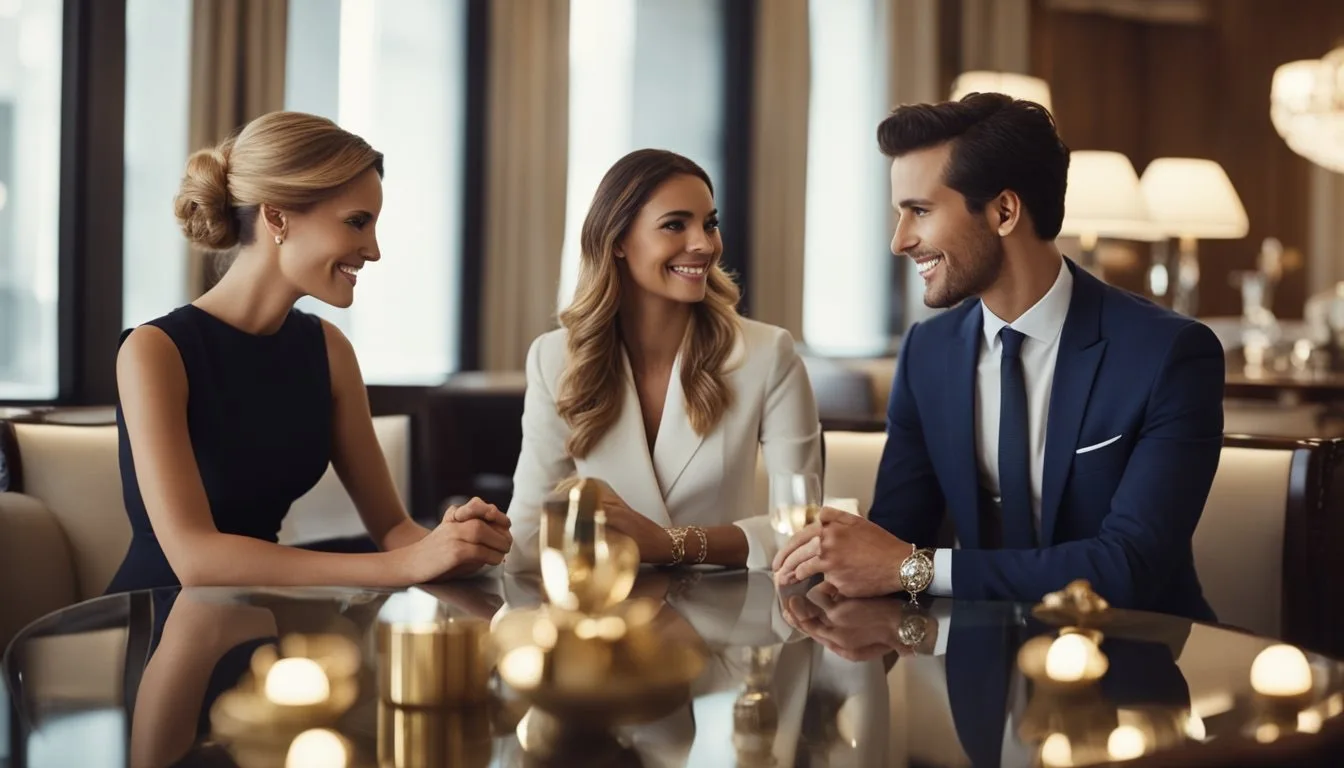 Un hall d'hôtel luxueux avec un homme bien habillé et une jeune femme attirante assis à une table, engagés dans une conversation et échangeant des cadeaux.